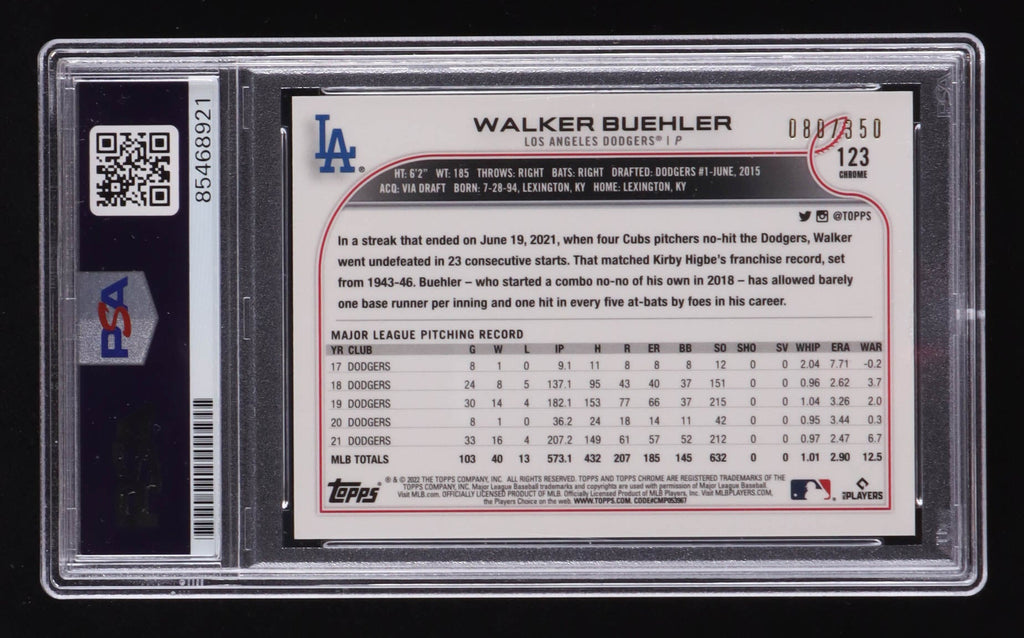Walker Buehler Signed 2022 Topps Chrome Magenta Speckle #123 #88/350 (PSA)