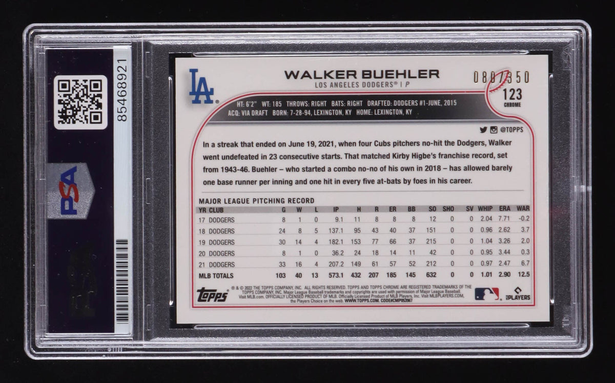 Walker Buehler Signed 2022 Topps Chrome Magenta Speckle #123 #88/350 (PSA)