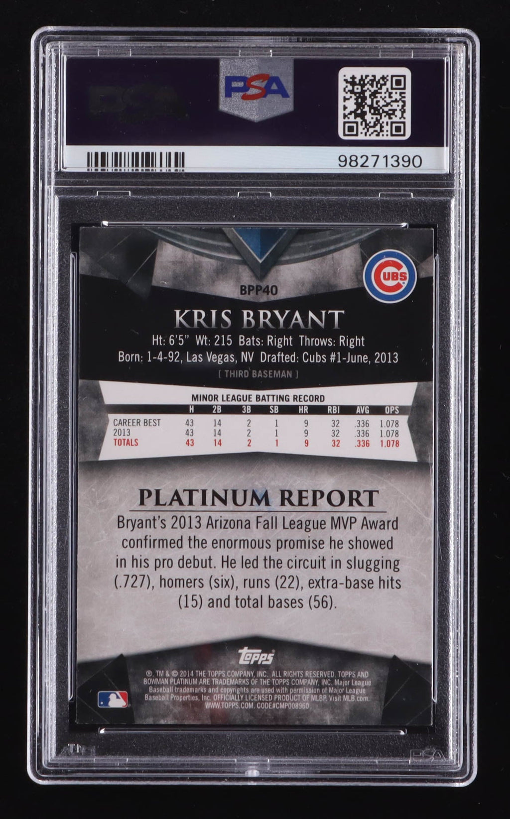 Kris Bryant Signed 2014 Bowman Platinum Prospects #BPP40 RC (PSA | Auto 10)
