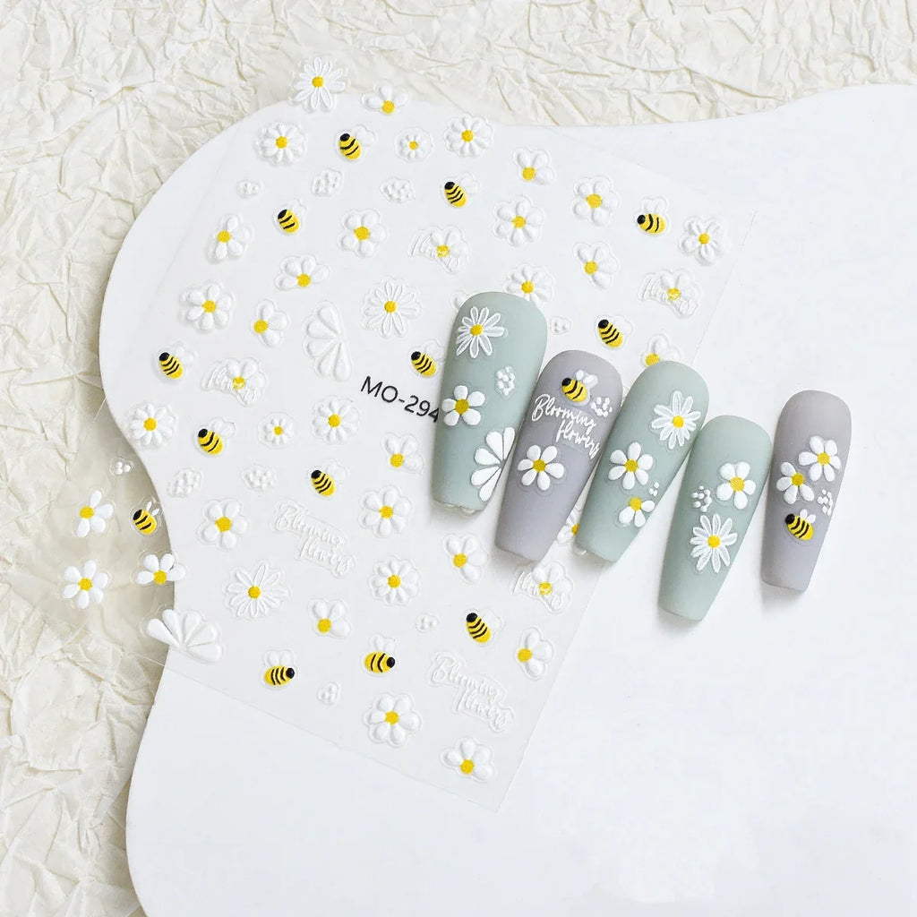 3/6 Sheets Daisy Bee Nail Stickers 5D Embossed Flower Nail Art Decals, Self-Adhesive Nail Wraps DIY Manicure Tips Decoration