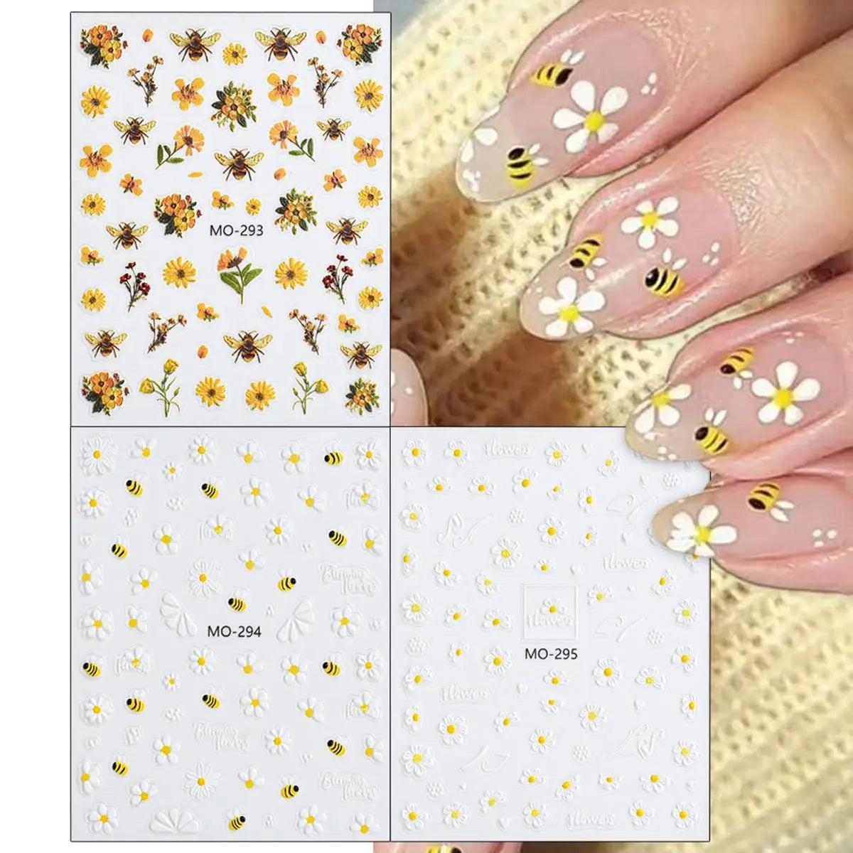 3/6 Sheets Daisy Bee Nail Stickers 5D Embossed Flower Nail Art Decals, Self-Adhesive Nail Wraps DIY Manicure Tips Decoration