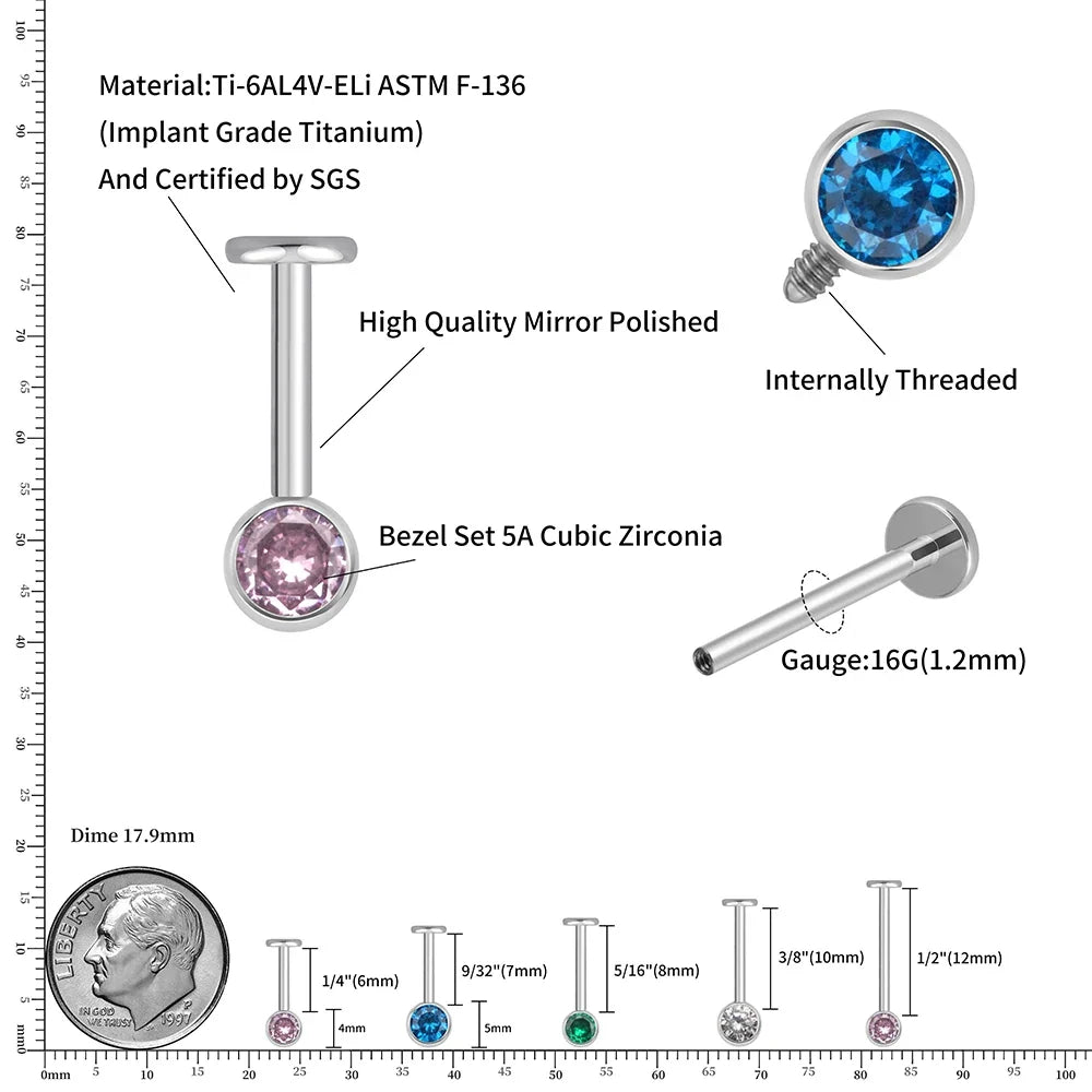 Right Grand ASTM F136 Titanium 16G Single Round CZ Vertical Helix Earring Internally Threaded Cartilage Stud Ear Piercing