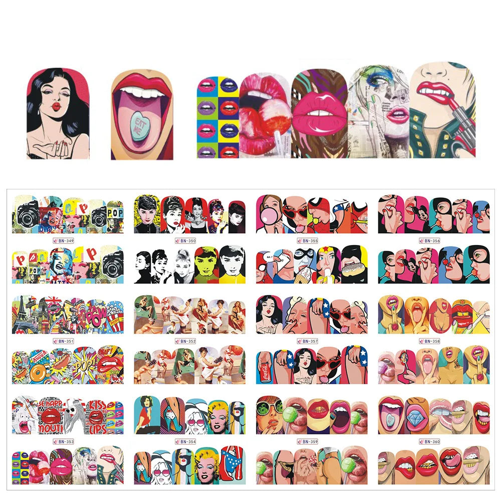 12 Designs Nail Stickers Set Mixed Floral Geometric Sexy Girl Nail Art Water Transfer Decals Tattoos Sliders Manicure