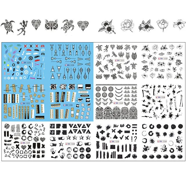 12 Designs Nail Stickers Set Mixed Floral Geometric Sexy Girl Nail Art Water Transfer Decals Tattoos Sliders Manicure
