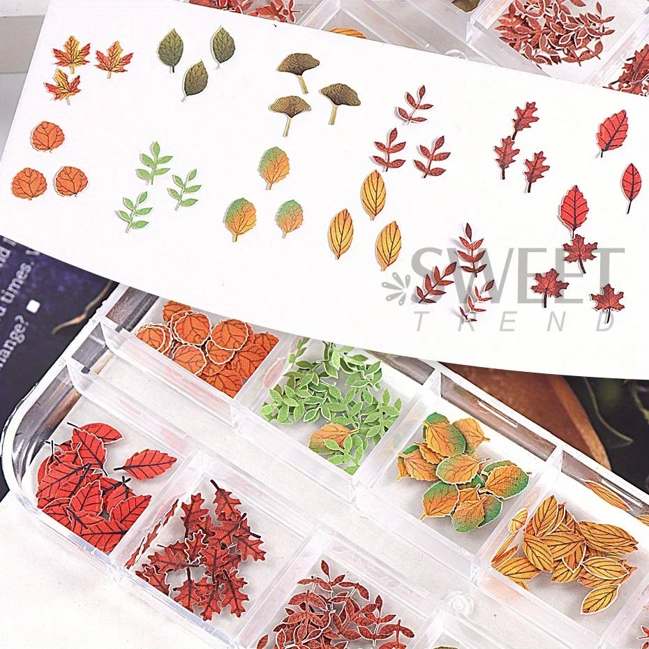 12 Grids Autumn Faux Maple Leaves Nail Sequins Set Simulated Fall Leaf Flakes Design Decor DIY Charm Manicure Accessories Slices