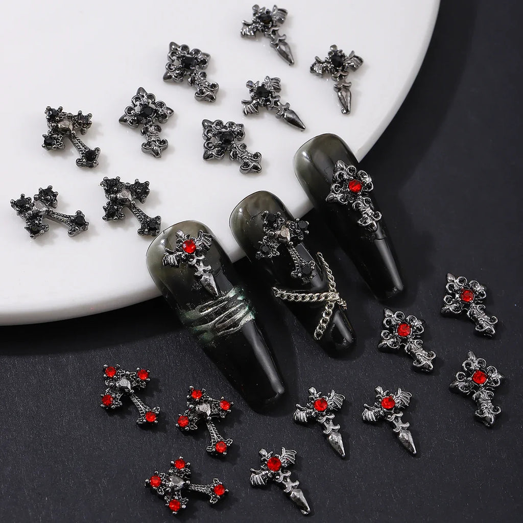10pcs/pack Punk Style Three-Dimensional Cross Personalized Nail Art Alloy Decoration, Halloween Dark Style Cross DIY Decoration