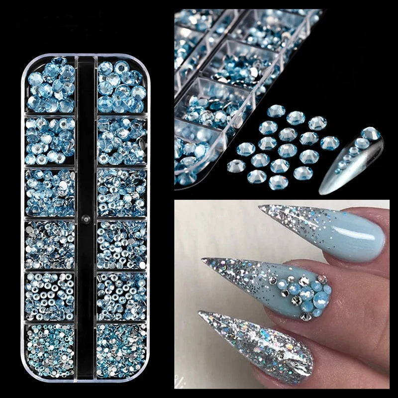 12 Grids Mixed Size Luxury Nail Rhinestones Set 3D Resin AB Crystal Round Glass Bead Gems Nail Art Charms 2mm-6mm Nail Diamond