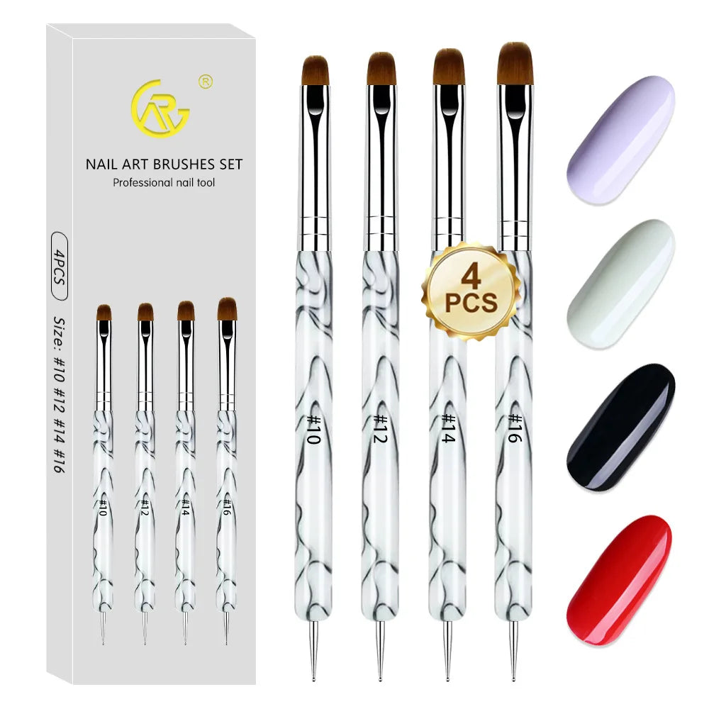 4PCS Dual Ended UV Gel Nail Brushes Set Two Way Poly Gel Builder Brush with Dotting Tool for Nail Extension Manicure DIY