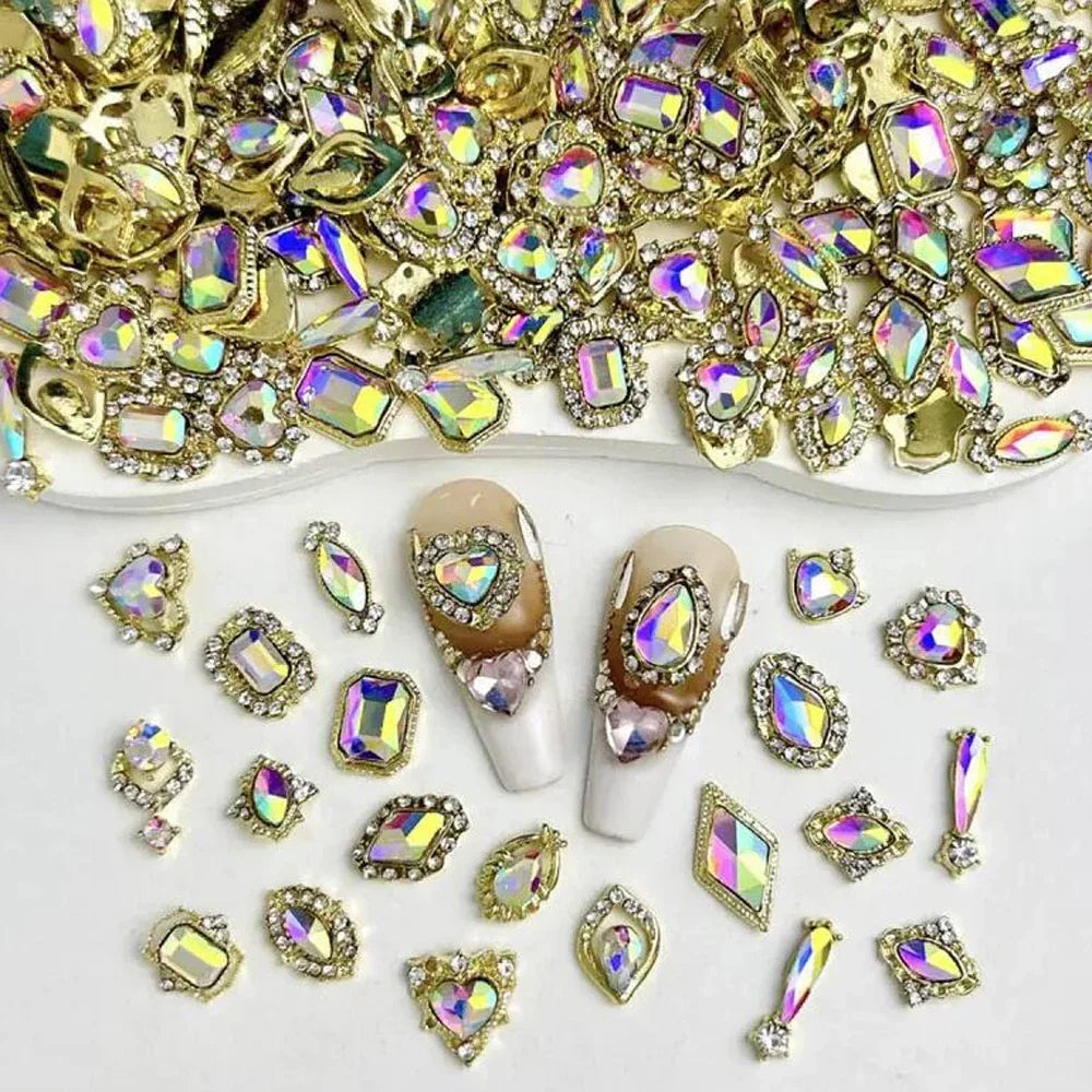 50Pcs 3D Mixed Luxury AB Alloy Nail Art Charms with Heart/Drop/Square/Rhombic Gem Nails Decoration DIY Crafts Manicure Accessory