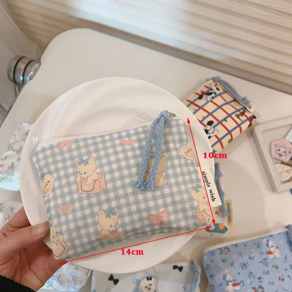 Cute Cartoon Prints Mini Coin Purse Square Cotton Sundries Pouch Zipper Portable Earphone Lipstick Storage Bag