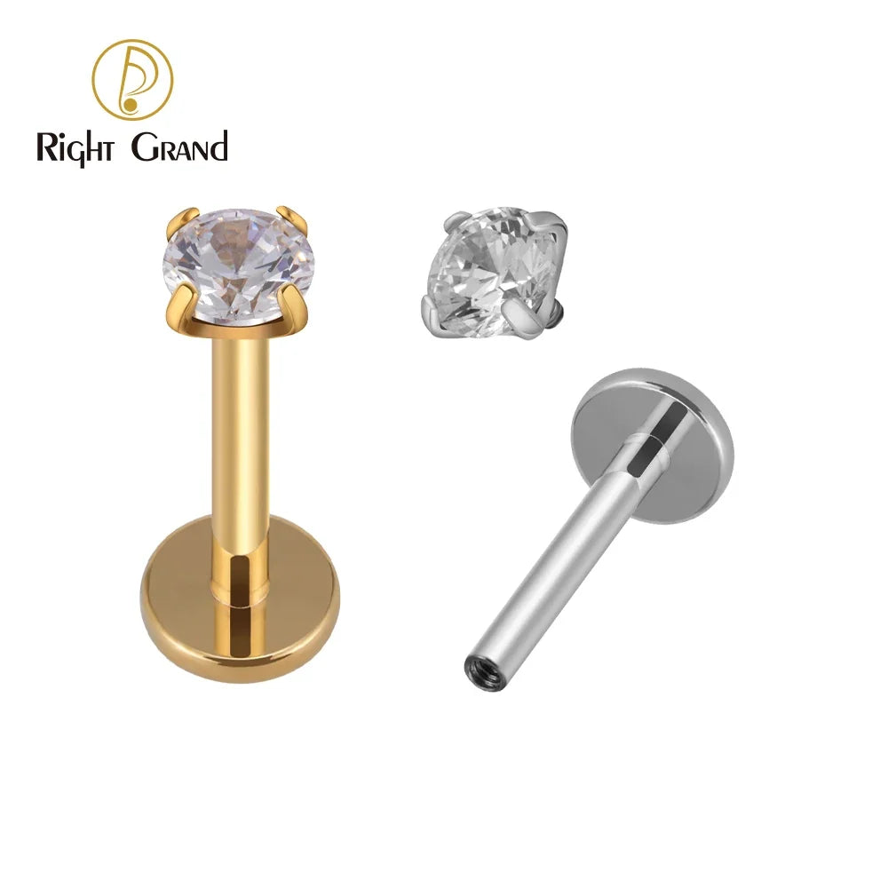 Right Grand ASTM F136 Titanium CZ Gem Internally Threaded Labret Monroe Lip Ring Tragus Nail Helix Earring Stud 16G 6/8/10mm Bar