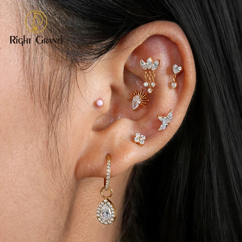 Right Grand ASTM F136 Titanium Flower CZ Cartilage Earring 16G Four Leaf Helix Tragus Stud Flat Back Labret Piercing Jewelry