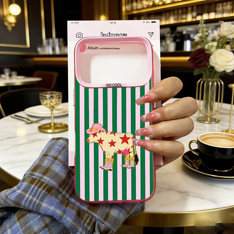 Simple Cute Green And White Plaid Animal Phone Case For iPhone 17 Air 16 15 14 Plus 13 12 18 Pro Max Laser Shockproof Cover Capa