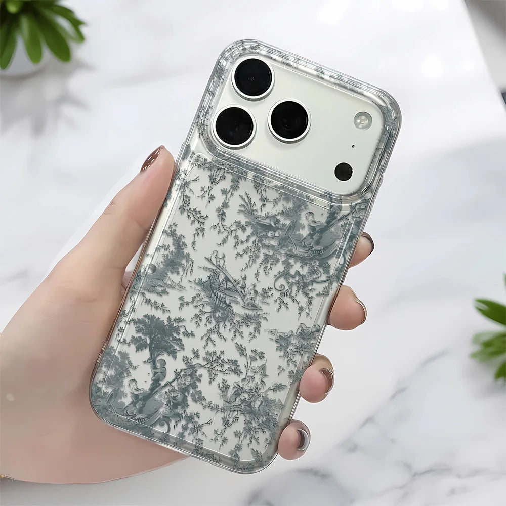 Cute Blue Floral Pattern Shockproof Case For iPhone 17 Air 16 15 Plus 14 13 12 11 Pro Max Plus Bumper Cover