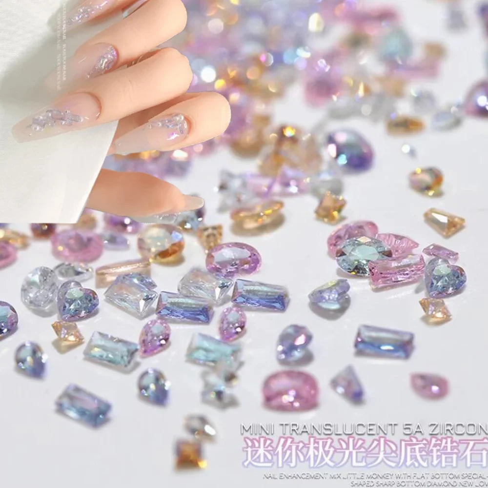50Pcs/Bag 3D Mixed 5A Mini Zircon Nail Charms 1-4mm Sparkle Aurora Sharp Diamond Nail Art Rhinestone DIY Manicure Decoration Gem