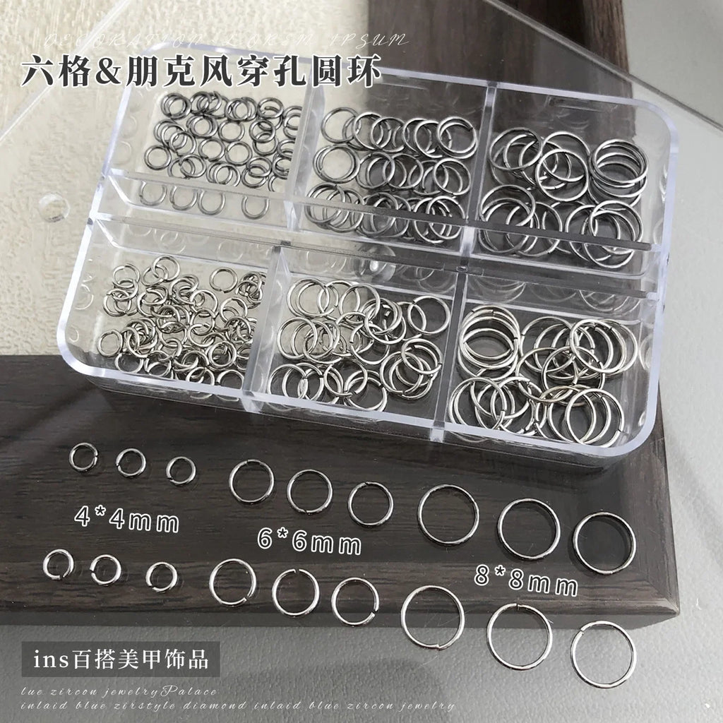 6 Grids Mix Punk Piercing Perforable Round Circle Ring White K Gun Black Alloy Nail Rhinestones Decorations Manicure Charms