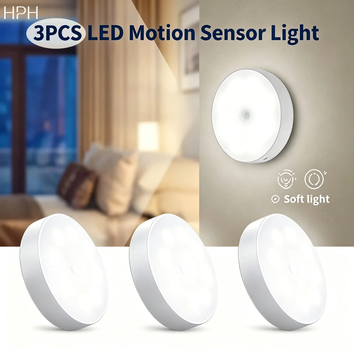HPH LED Motion Sensor Light 3PCS USB Rechargeable Night Light for Kitchen Cabinet Wardrobe Staircase Closet Wireless Light