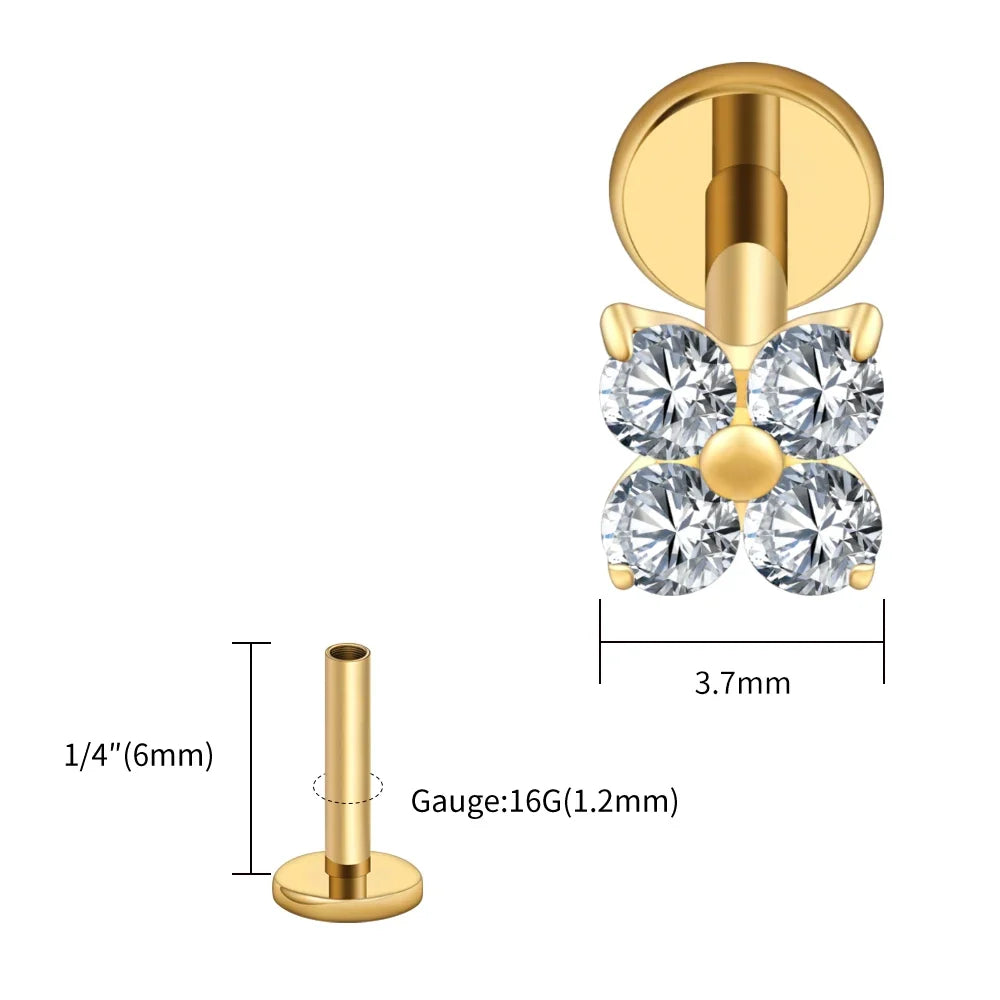 Right Grand ASTM F136 Titanium Flower CZ Cartilage Earring 16G Four Leaf Helix Tragus Stud Flat Back Labret Piercing Jewelry