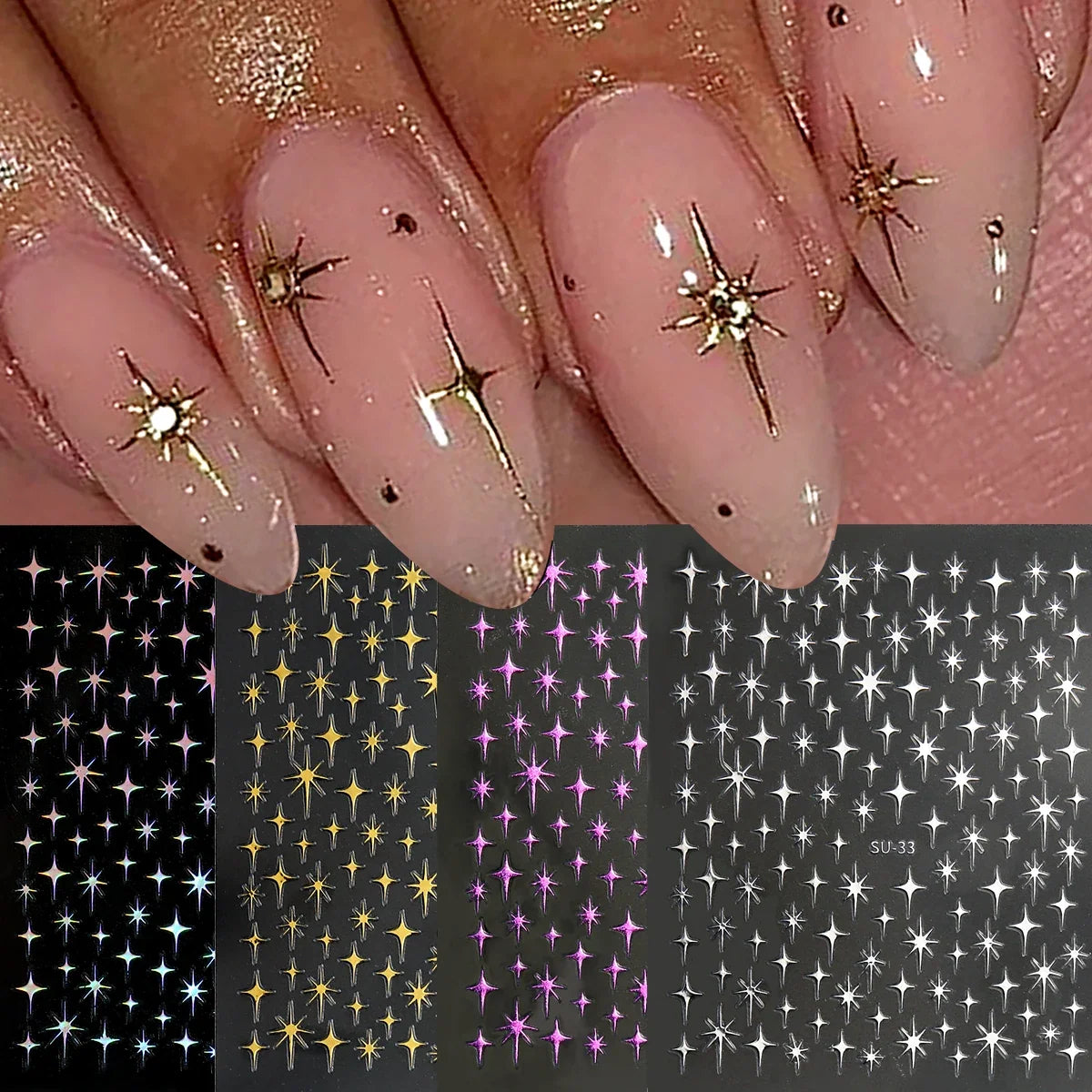 3D Metal Silver Starlight Nail Art Stickers Shiny 3D Laser Star Nail Decals 8*10cm Self-Adhesive Starlights Nail Supplies