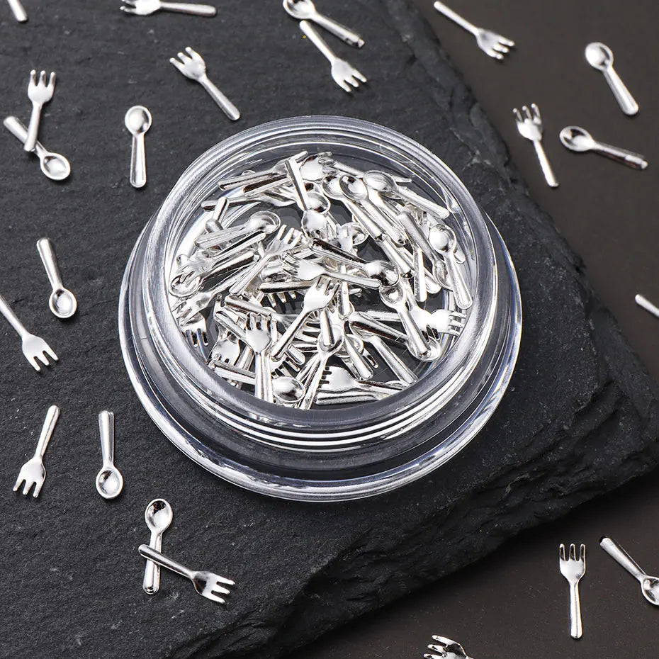1/2 Boxes Gold Fork & Spoon Nail Decor Funny Mini Silver Tableware Nail Art Charms Korean Cute Alloy Nail Manicure Accessories