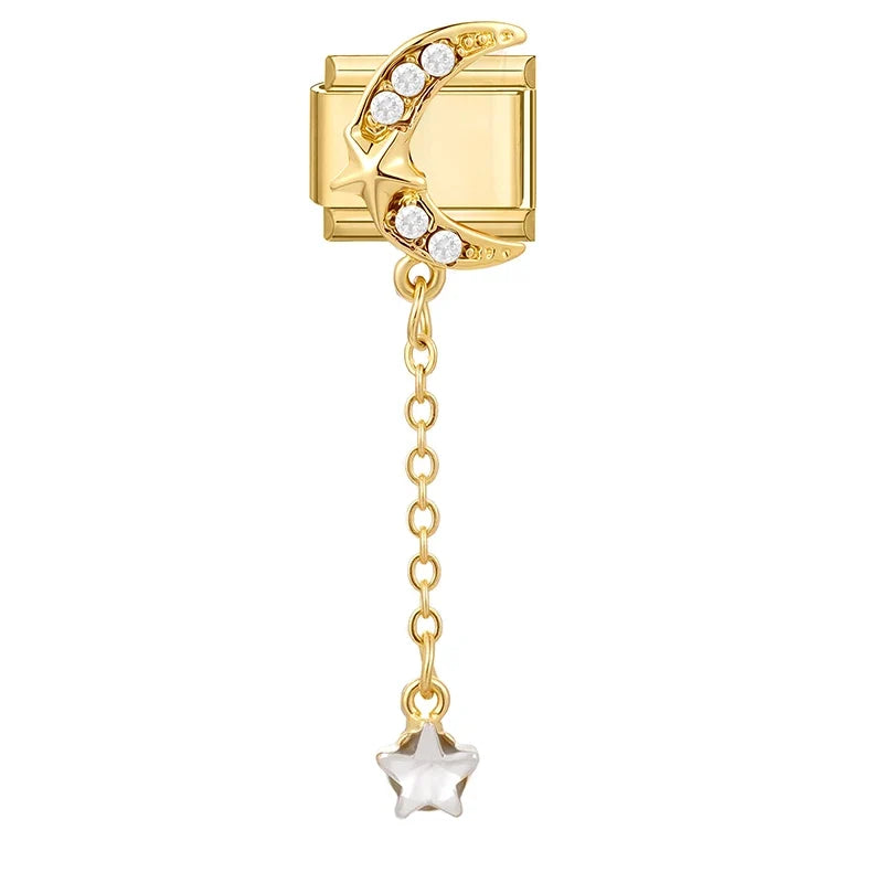 Fashion Dreamy Luxury Gold Color Series Red Heart Bows Zircon  Italian Charms Fit 9mm Stainless Steel Women Bracelet DIY Jewelry