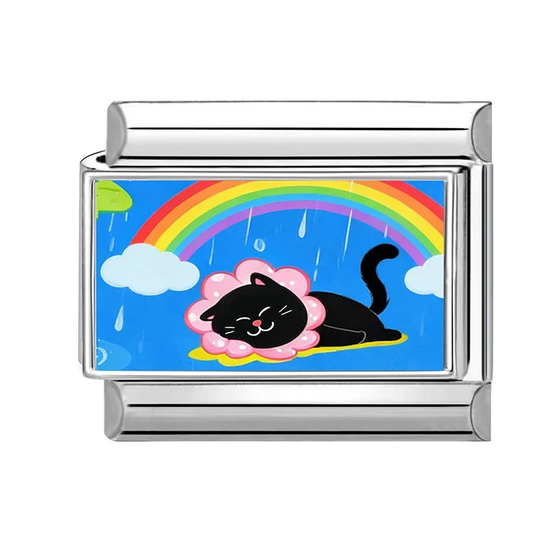 2026 Wholesale Rainbow Cloud Cat Stars Moon Cat Charm Bracelet Fit 9mm Bracelet Stainless Steel Italian Links Making DIY Jewelry