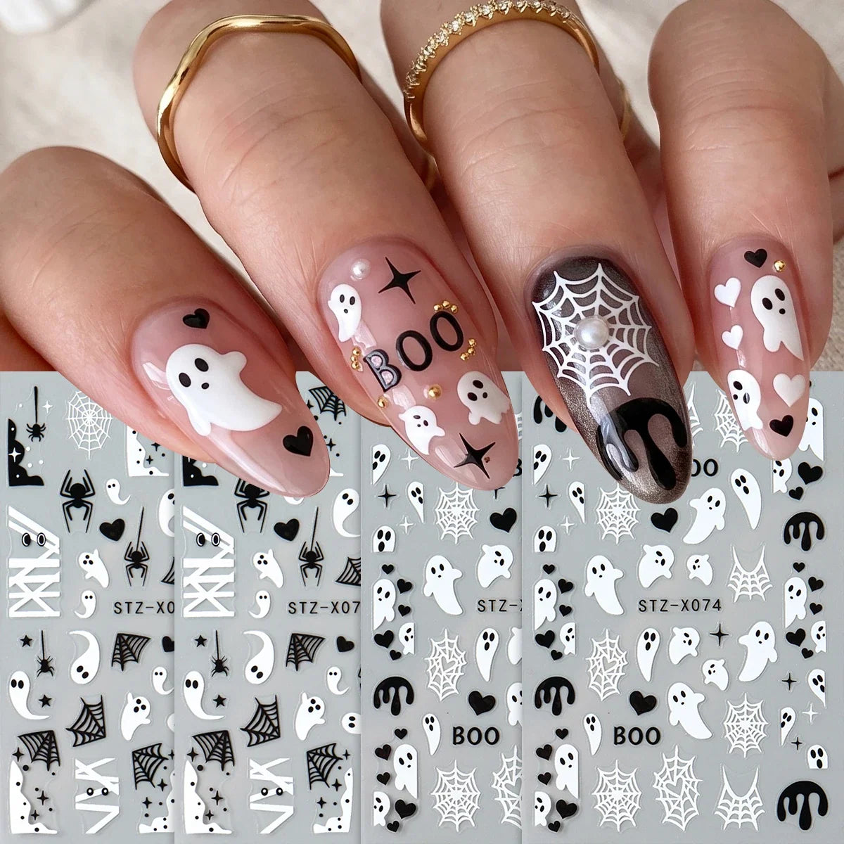 4pcs Black White Ghosts Halloween Nail Decals Cute Gothic Style Cartoon Ghosts Spider Webs Nail Decals DIY Manicure Decorations