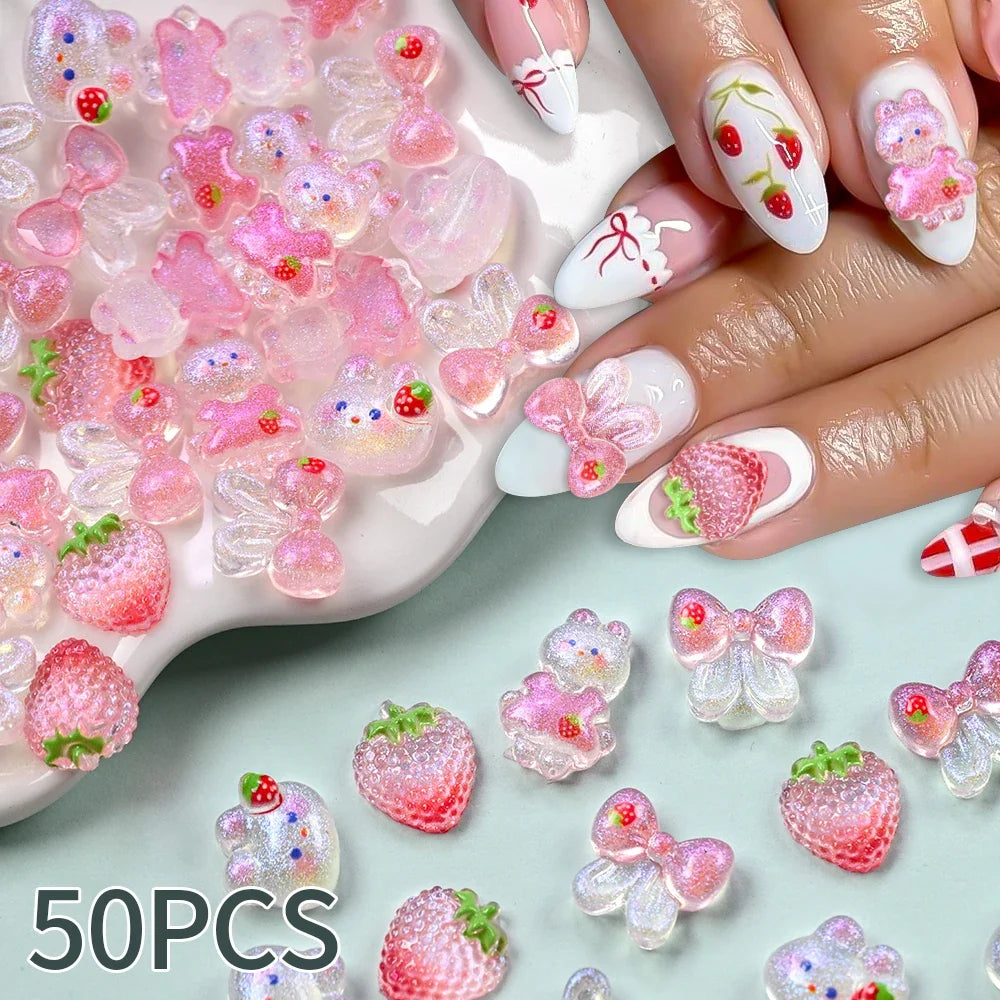50pcs 3D Mixed Rabbit Strawberry Nail Parts Shinny Blush Bunny Bowknot Kawaii Nail Art Charms Lovely Girls Manicure Accessories