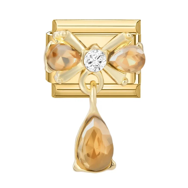 Fashion Dreamy Luxury Gold Color Series Red Heart Bows Zircon  Italian Charms Fit 9mm Stainless Steel Women Bracelet DIY Jewelry