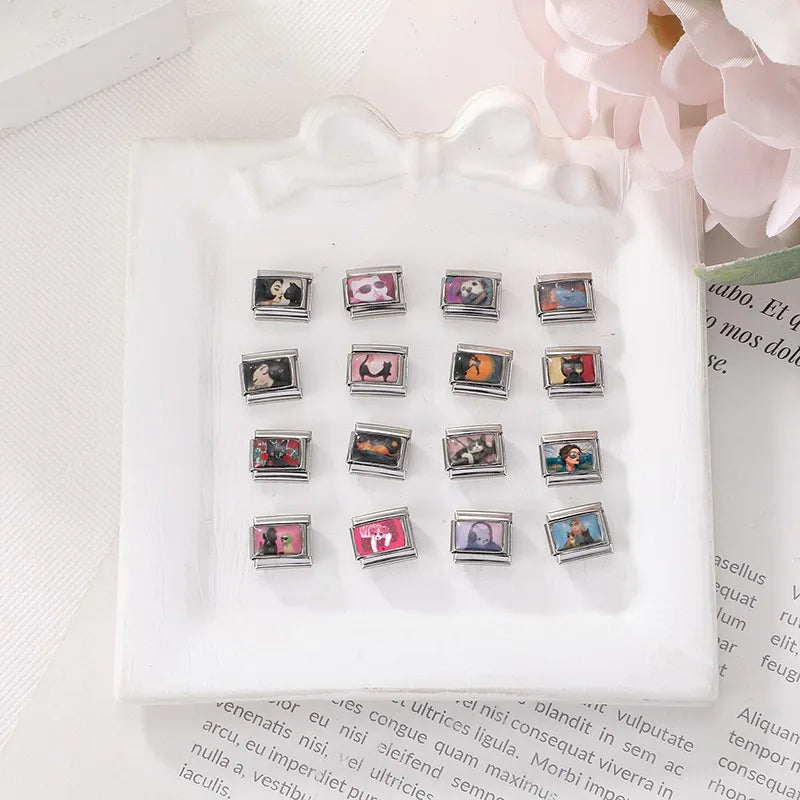 New 9mm Original Design Artistic Cats Girls Sea Colorful Pattern Stainless Steel Charm Italian Bracelet Link Making DIY Jewelrys