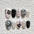 10 Pieces of Handmade Oval Full-Cover Nail Tips, Medium Length, Black and White Floral Retro Style, Suitable for Women and Girls, Perfect for Summer Vacations, Graduation Season, and as a Gift, Comes with 1 Piece of Jelly Glu