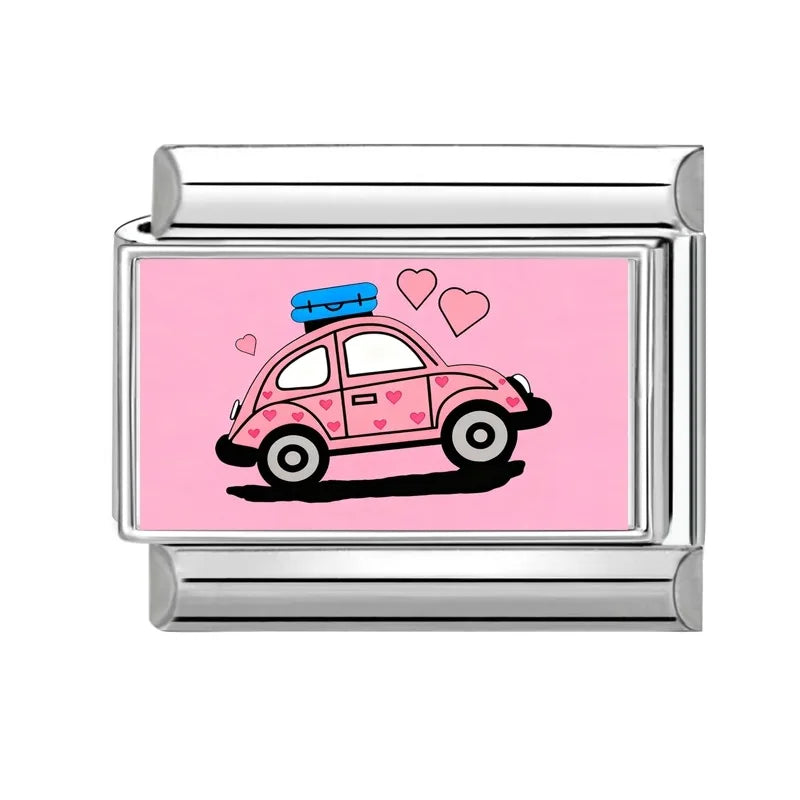 Wholesale 2026  Men Women Fashion Vintage Sports Car Pattern Italian Charms Fit 9mm Stainless Steel Bracelet DIY Jewelry Gifts