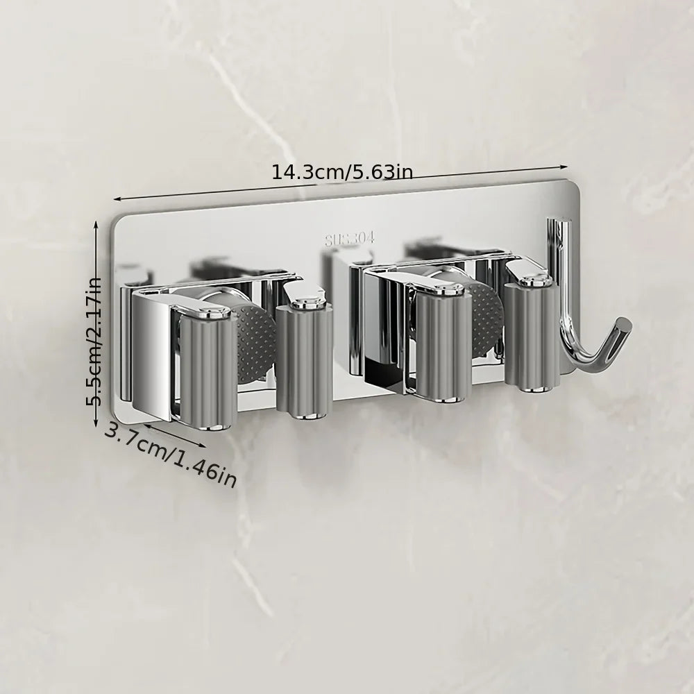 Self-Adhesive No-Drill Mop And Broom HolderStainless Steel Hooks for Kitchen Toilet Bathroom Organization Storage Solution