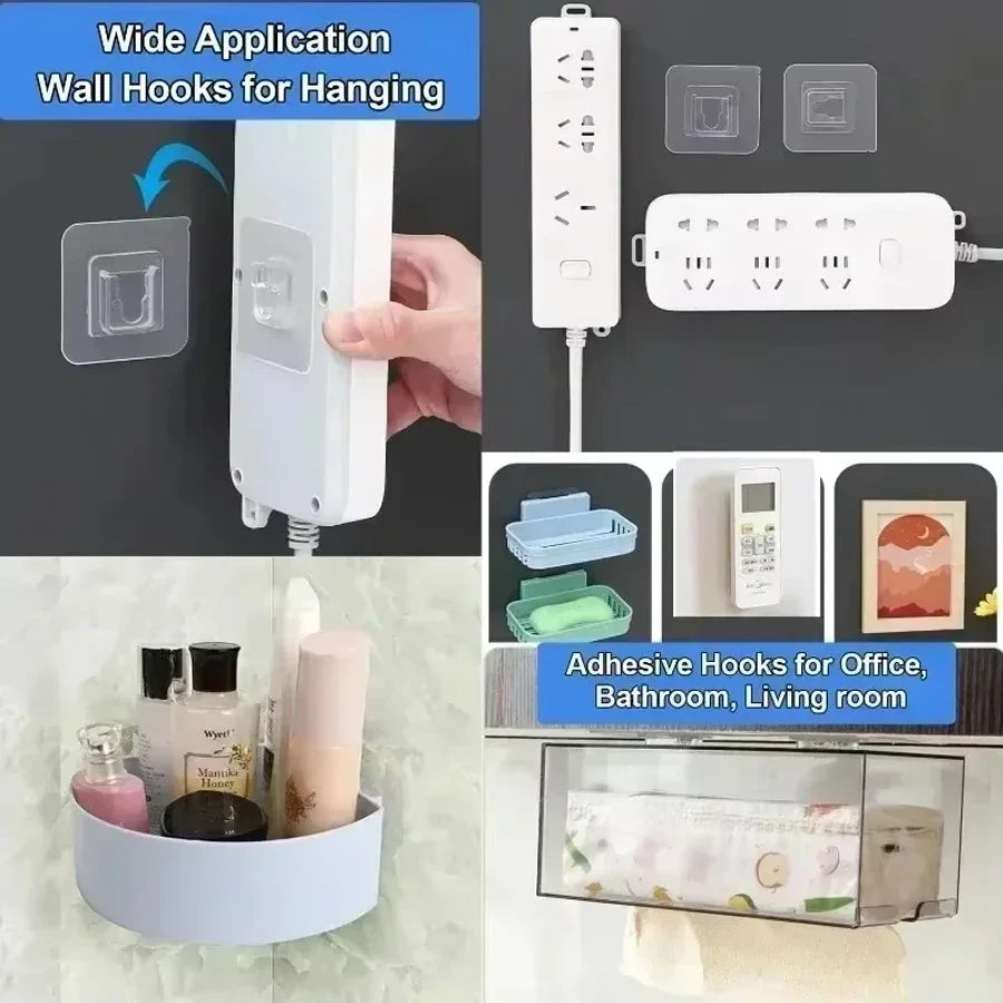 60-10pcs Double-Sided Self Adhesive Wall Hooks Strong Sticky Transparent Traceless Kitchen Bedroom Wall Hook Storage Holders