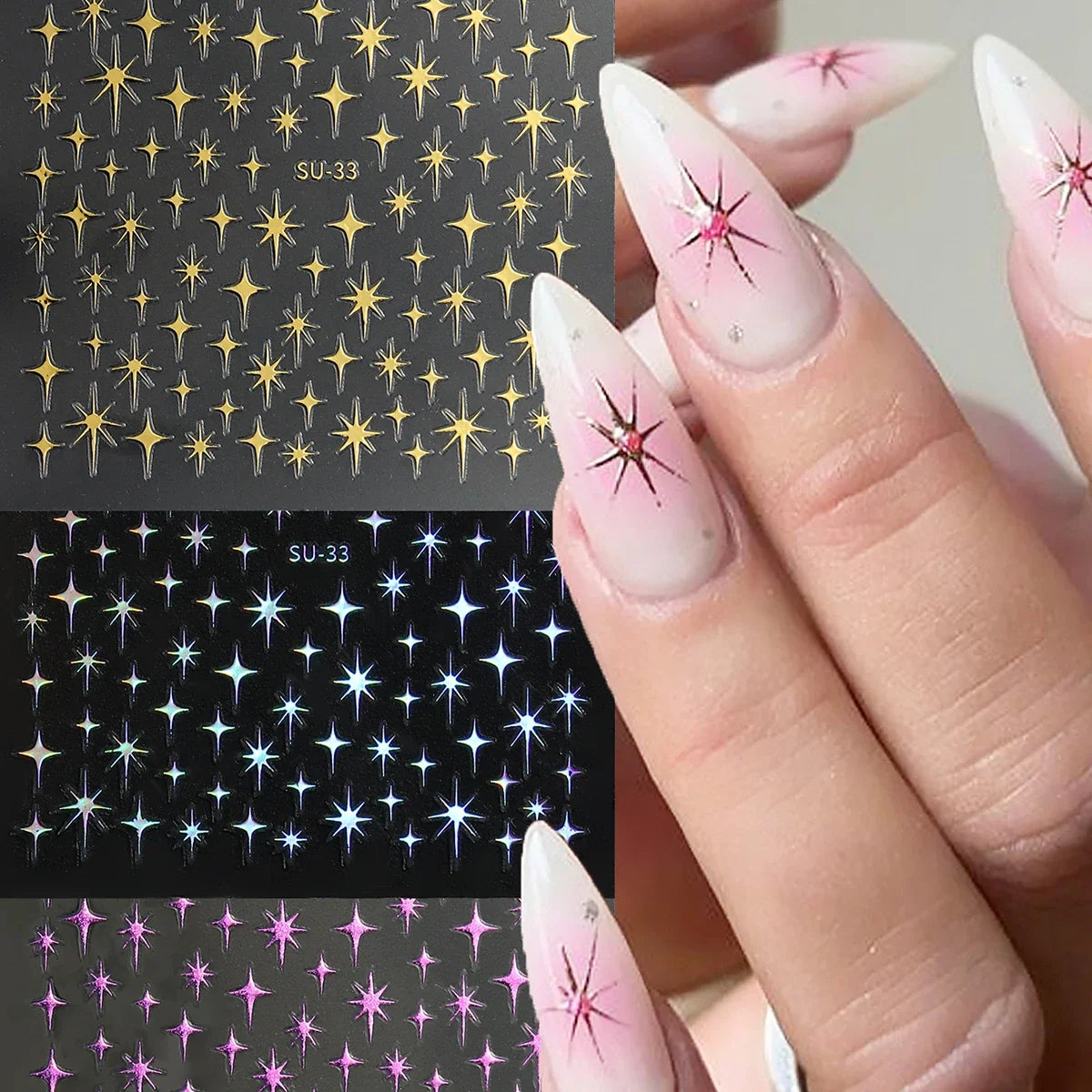 3D Metal Silver Starlight Nail Art Stickers Shiny 3D Laser Star Nail Decals 8*10cm Self-Adhesive Starlights Nail Supplies
