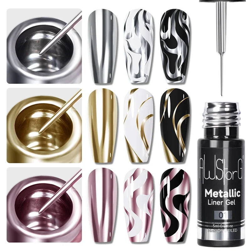 AWStorG 1/3 Pcs Metallic Liner Paint Gel Nail Polish Chrome Mirror Metal Effect Super Bright French  Semi Permanent  UV LED Gels