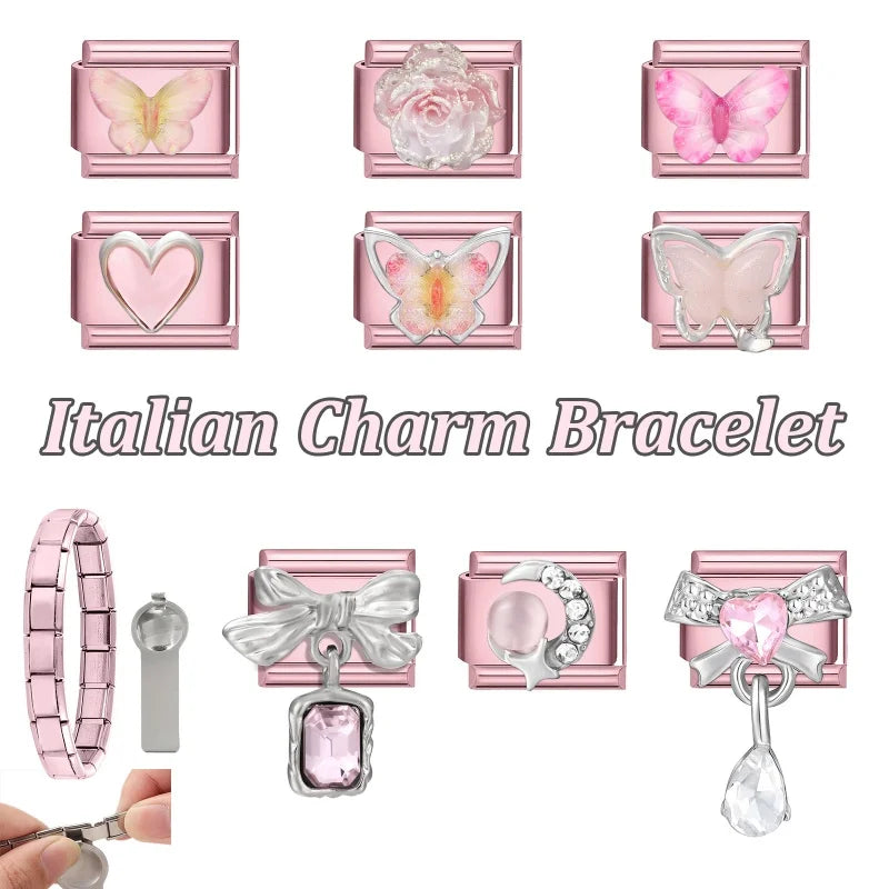 Y2K Zircon Bow Butterfly Heart Moon Pink Purple Blue Italian Charm Links Fit 9MM Stainless Steel Bracelet Women DIY Making Gifts