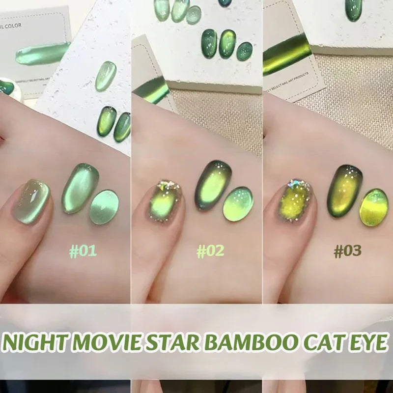 12ML 1PCS Whitening Green Light Glass Bead Star Bamboo Green Series Cat Eye Magnet Gel Nail Polish Nail Set Green Nails