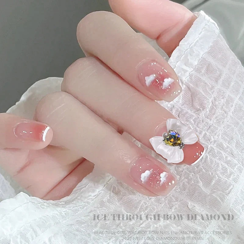 10pcs Resin Bowknots Glass Heart Diamonds Nail Charms Shiny Cute Bowknots Japanese Nail Jewelry Women Nail Art Decor Accessories