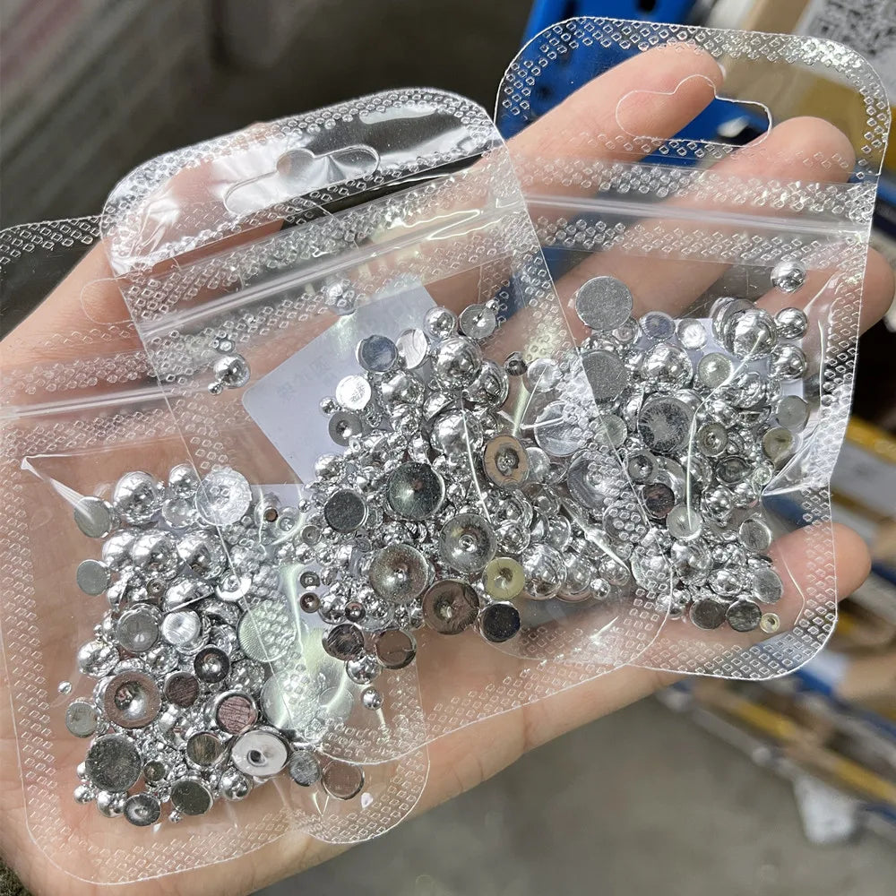 100pcs Punk Silver Pearl Beads Nail Art Charms 3D Half Round Flatback Nail Rhinestones Manicure Tips Crafts Nail Art Decoration