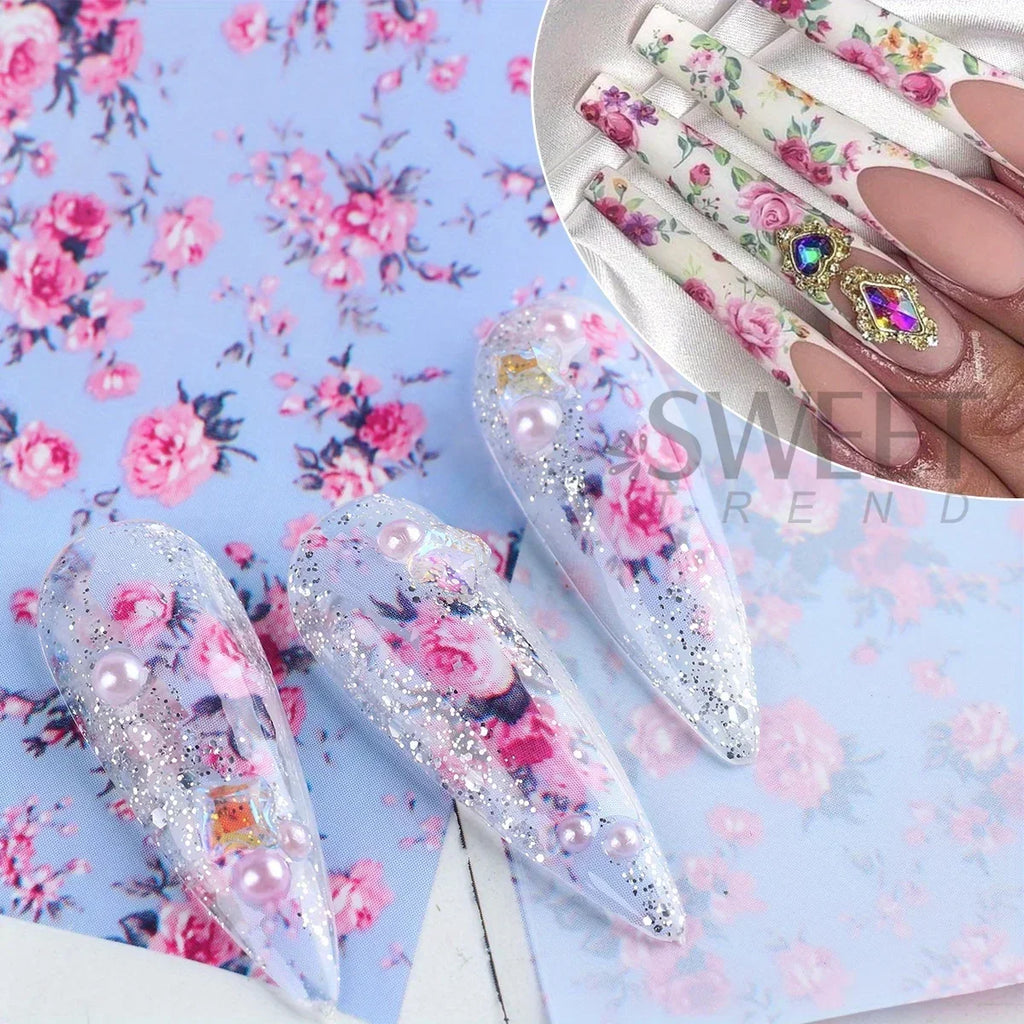2 Pack Painting Rose Flower Nail Art Foil Butterfly Hibiscus Design Elegant Printing Sticker Elegant Lady Manicure Transfer Tips