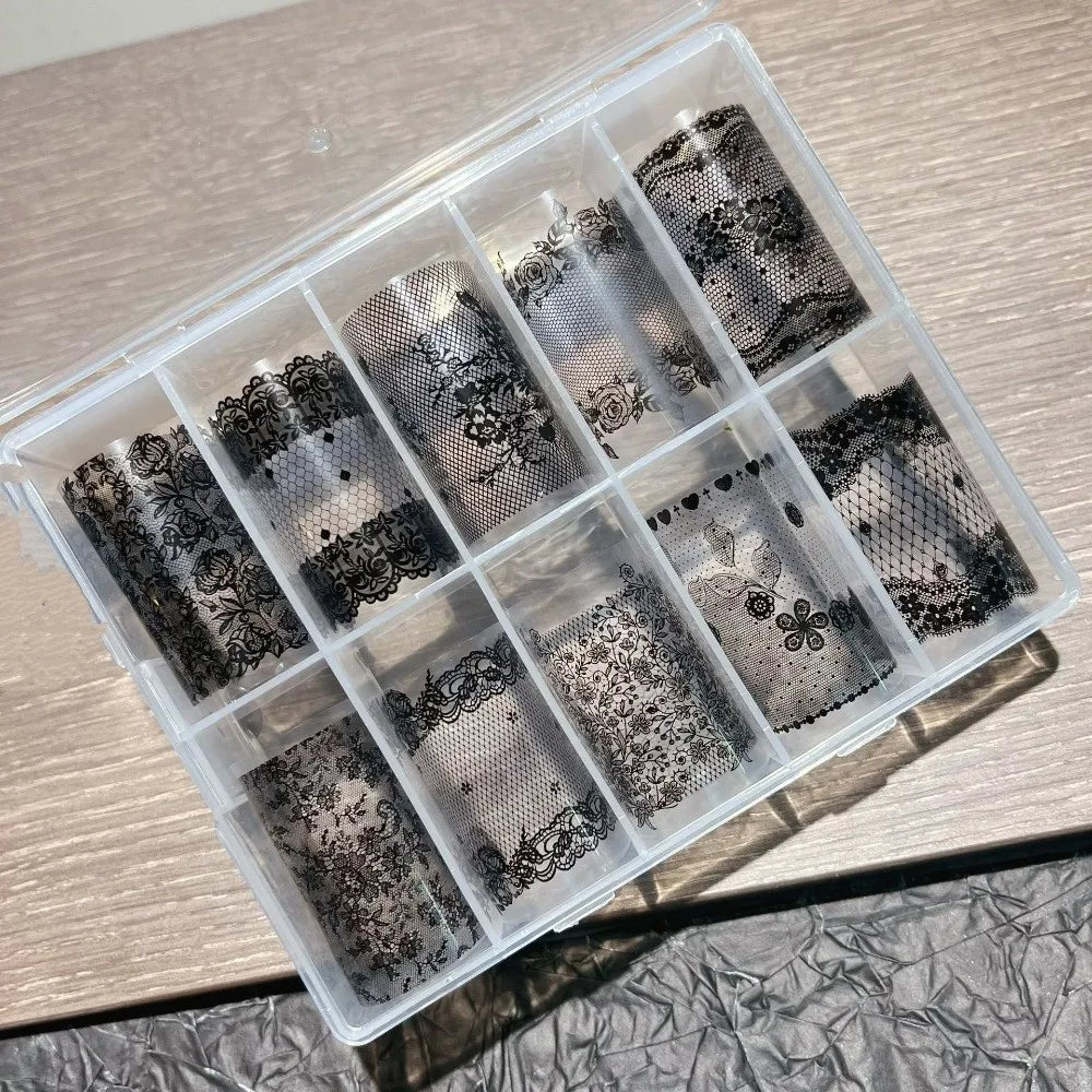 Fashion Lace Design Nail Foils Black White Tulip Pattern Nail Stickers Sequin Effect Nail Decorations Manicure DIY