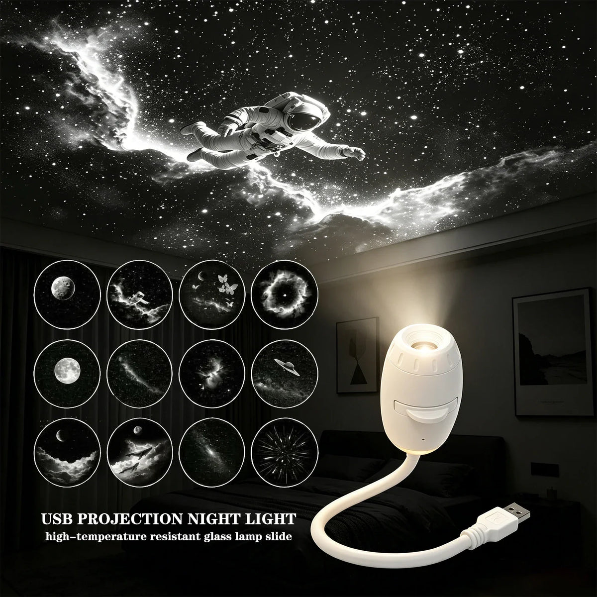 Romantic LED Starry Sky Night Light USB Powered Saturn Galaxy Projector Lamp for Car Roof Party Room Ceiling Decor Plug and Play