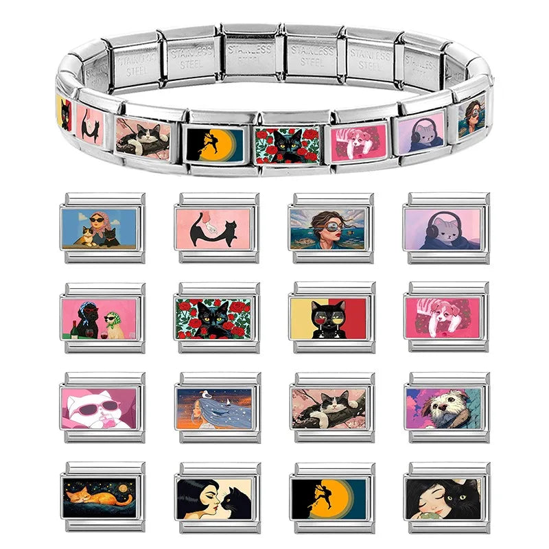 New 9mm Original Design Artistic Cats Girls Sea Colorful Pattern Stainless Steel Charm Italian Bracelet Link Making DIY Jewelrys