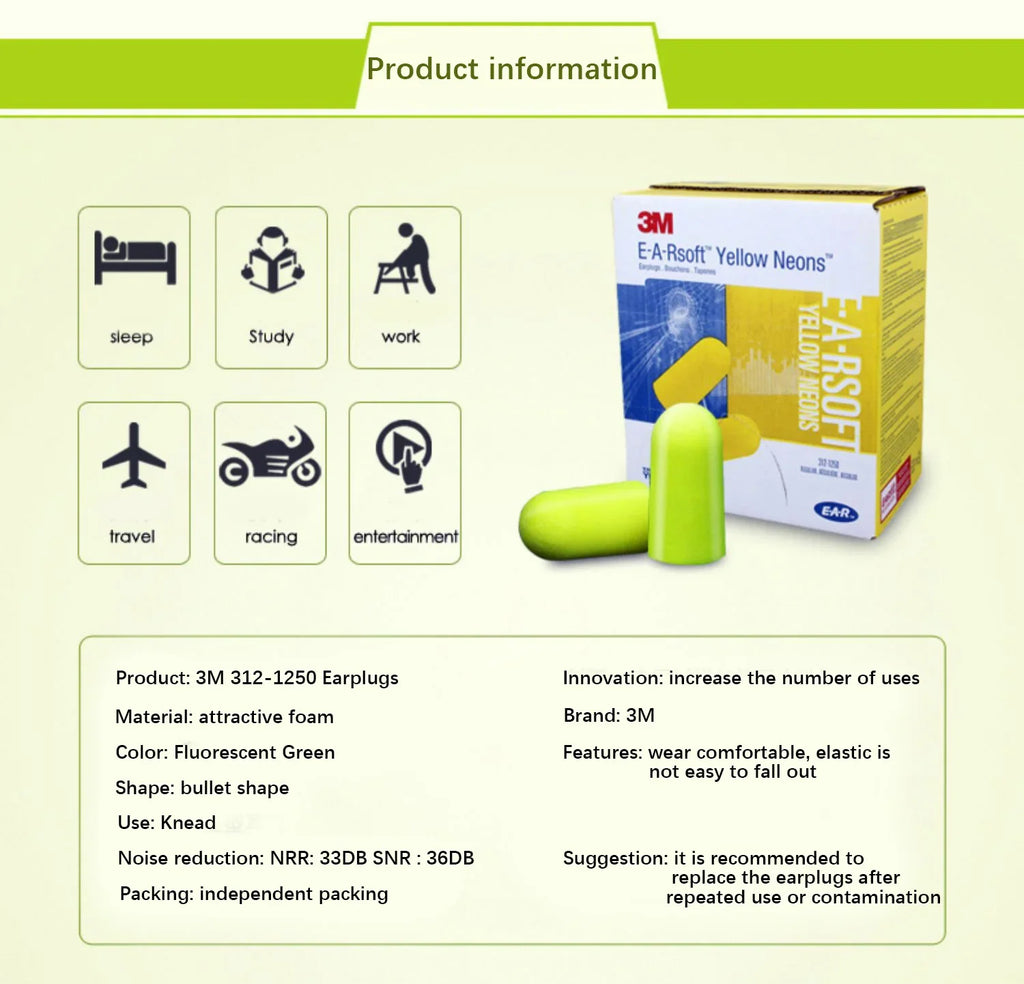 10 Pairs】Genuine 3M 312-1250 Sponge Soft Cord Earplugs Noise Canceling Norope Earplugs Noise Protection Earmuffs