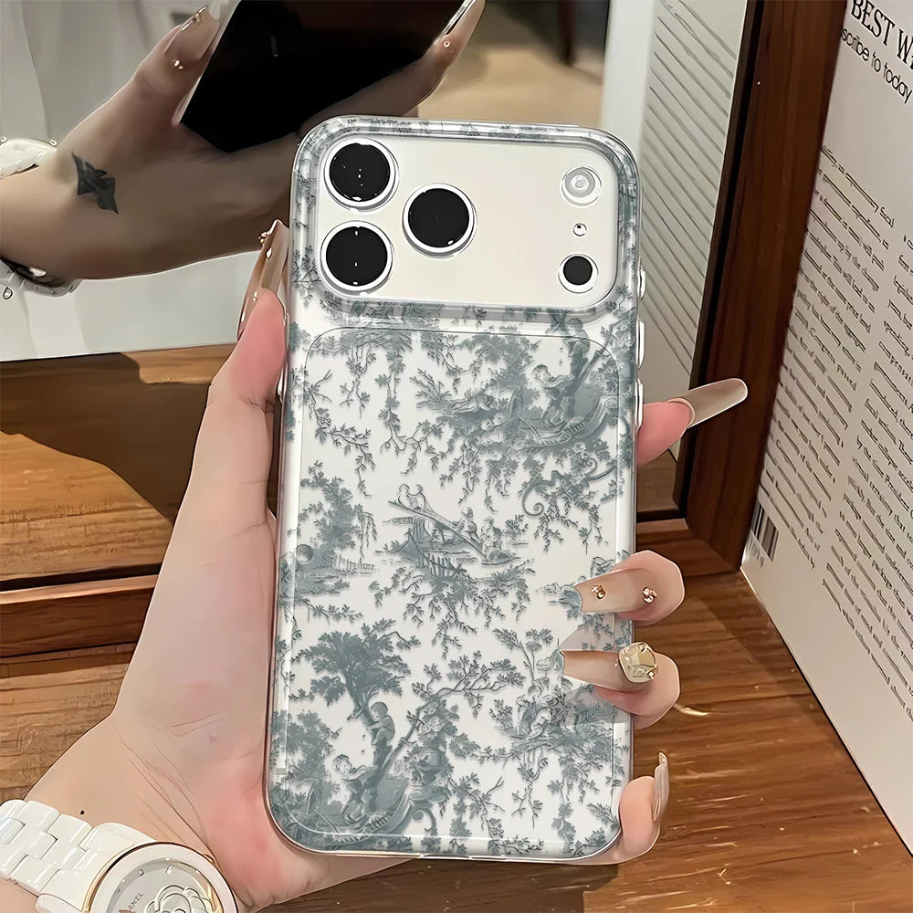 Cute Blue Floral Pattern Shockproof Case For iPhone 17 Air 16 15 Plus 14 13 12 11 Pro Max Plus Bumper Cover