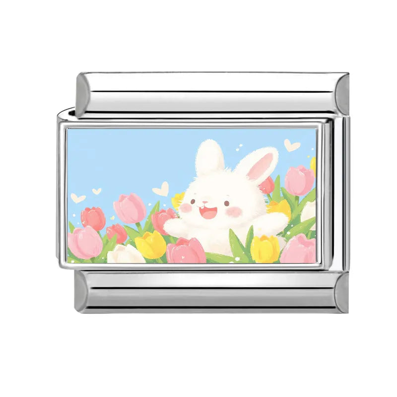 Easter Colorful Rabbits Series Beautiful Flowers Italian Link Fit 9mm Stainless Steel Bracelet Jewelry Making DIY Gift Wholesale