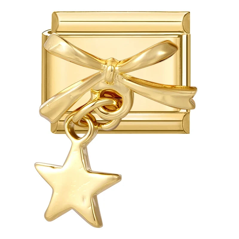 Fashion Dreamy Luxury Gold Color Series Red Heart Bows Zircon  Italian Charms Fit 9mm Stainless Steel Women Bracelet DIY Jewelry