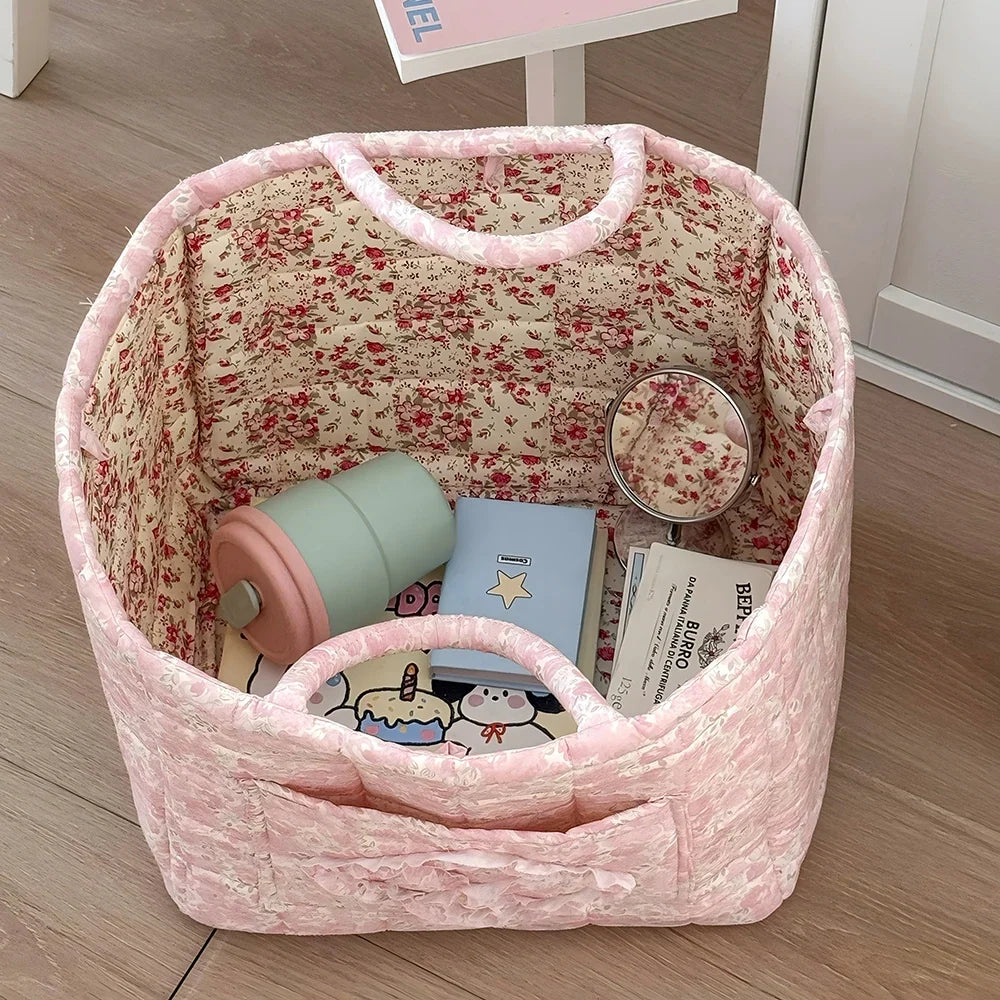 Airfriend Vintage Floral Organizers Basket With Handle Portable Home Room Quilted Foldable Storage Basket For Snack Clothes Toys