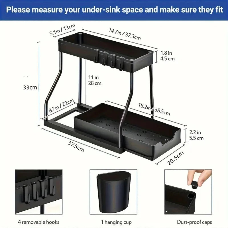 2-Tier Pull Out Under Sink Organizer Sliding Drawer Shelf Storage Rack with Hooks Cup for Kitchen Bathroom Counter Cabinet